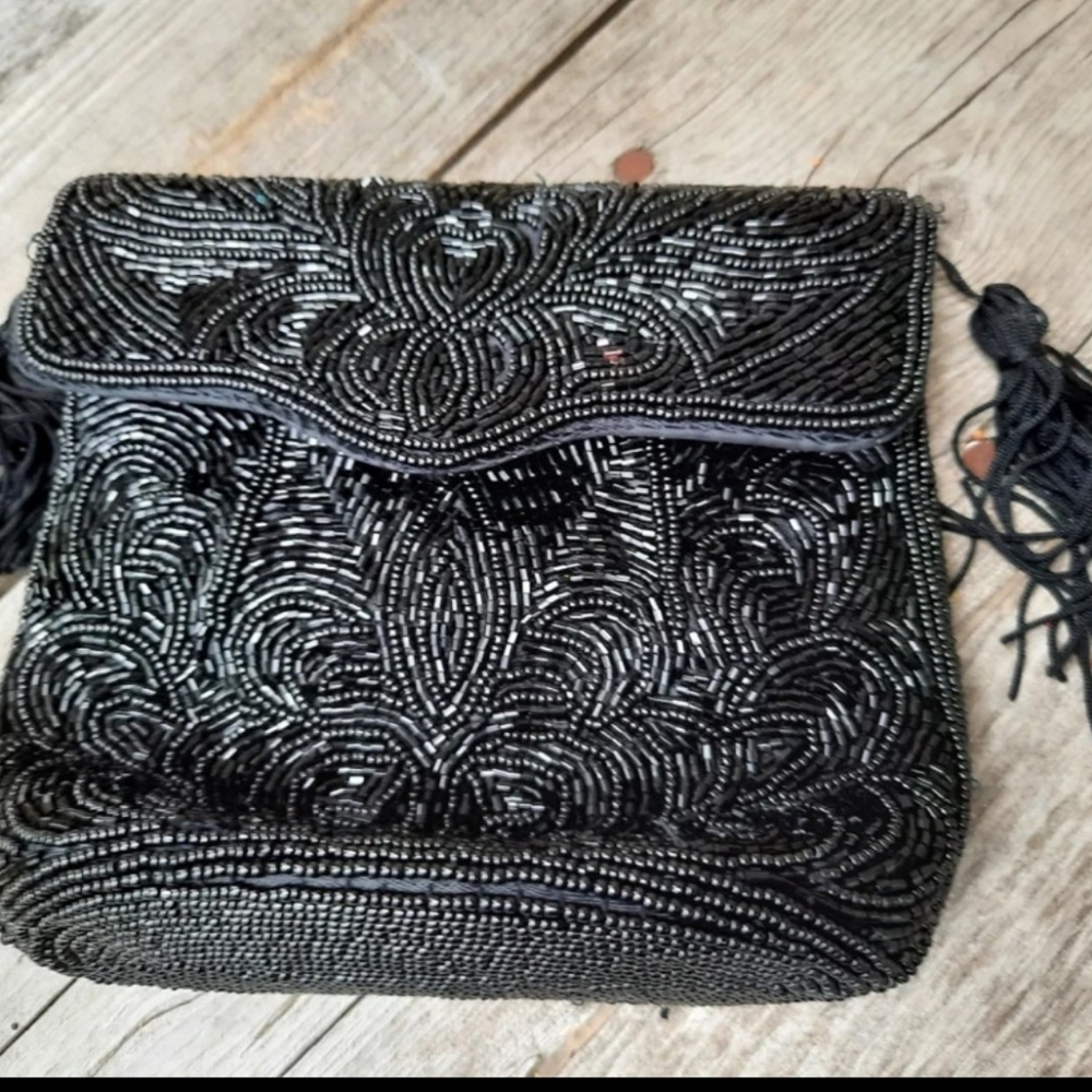 Vtg black beaded purse clutch sparkly beads Holiday prom